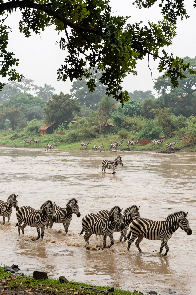 Zebras Cross River in West Bengal Monsoon Fog in in West Bengal