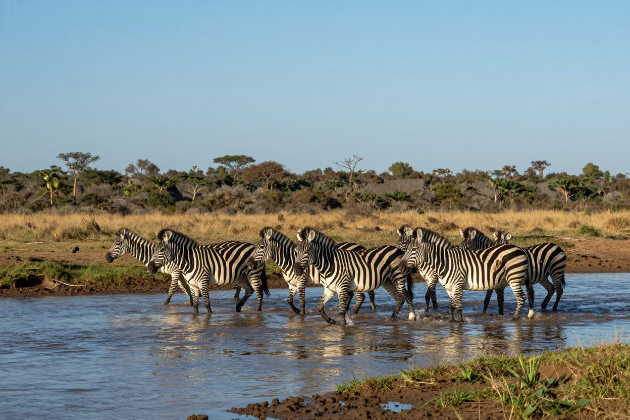 Zebras Crossing River Under Clear Sky in along a game trail near Salvador