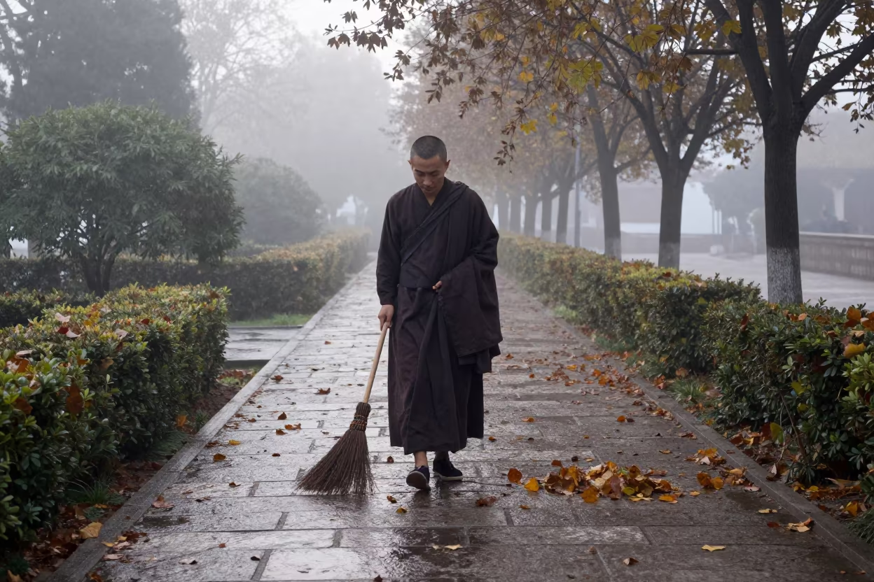 Zen Monk Sweeping Leaves in Misty Badajoz Garden in in Badajoz