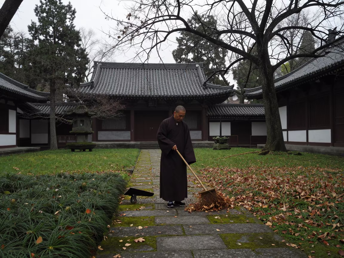Zen Monk Sweeping Leaves in Rize Garden Dawn in in Rize
