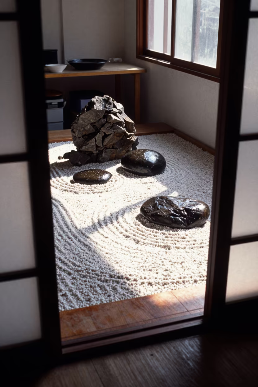 Zen Rock Garden on Shelf in Huancayo in on a workshop shelf in Huancayo