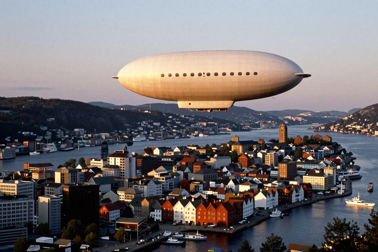 Zeppelin airship floating over Bergen Norway city skyline in honeyed evening light in in Bergen, Norway