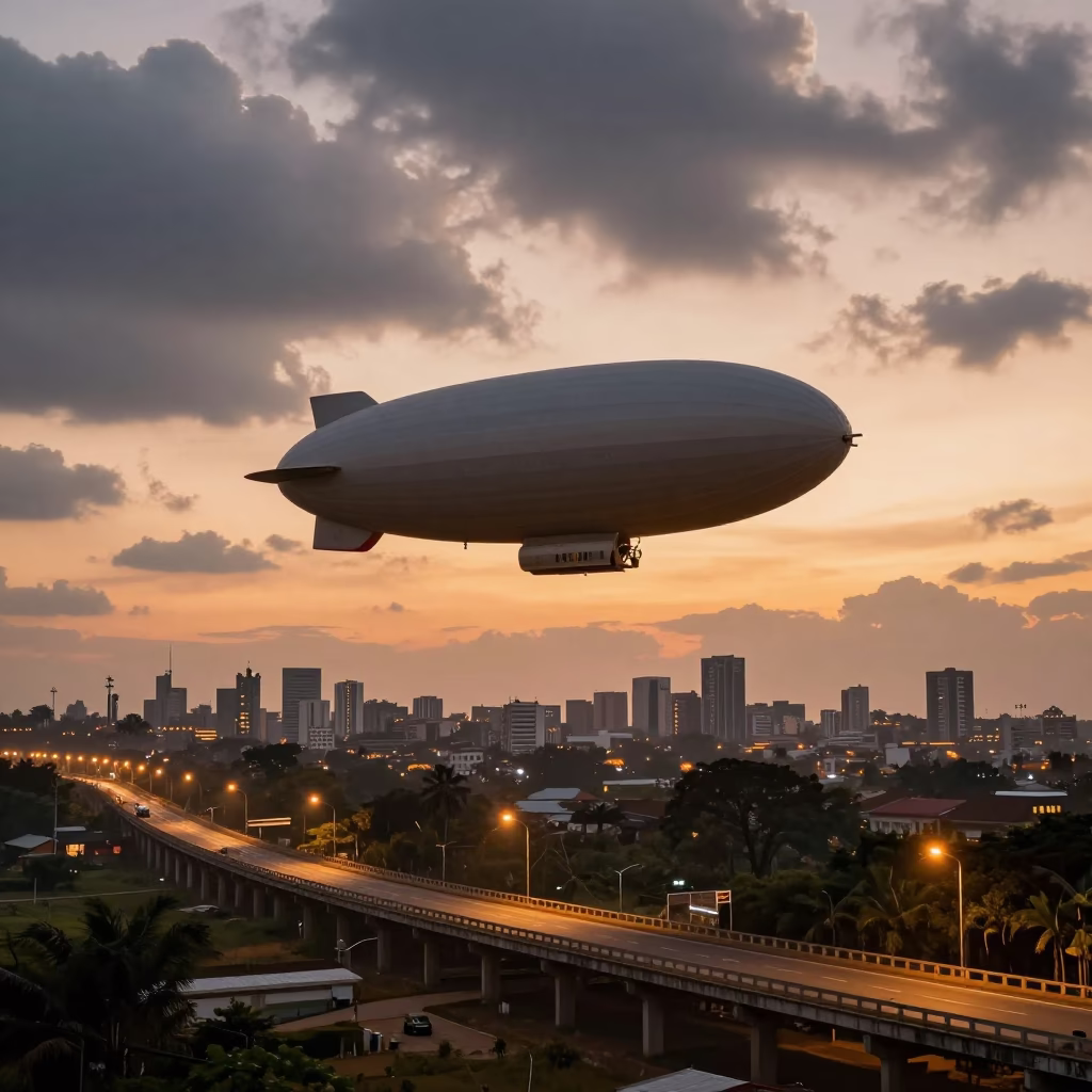 Zeppelin Airship Over Owerri City at Sunset in on a wind-open causeway near Owerri