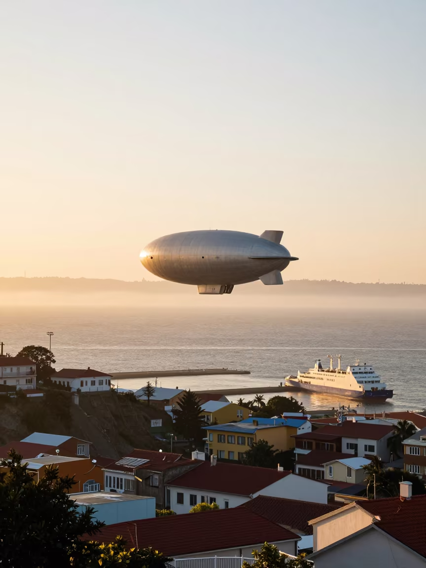 Zeppelin Over El Puerto Ferry at Sunrise in across a remote ferry crossing near El Puerto, Valparaiso