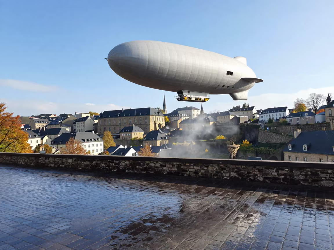 Zeppelin Over Luxembourg Skyline Midday in in Luxembourg