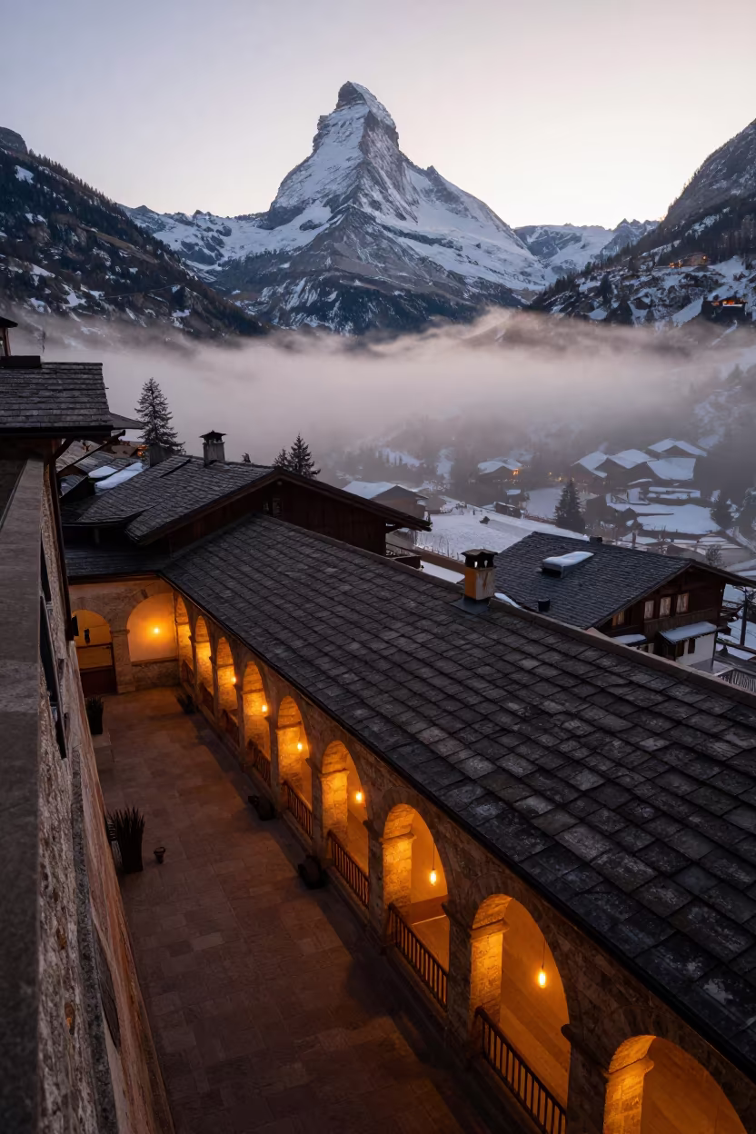 Zermatt Monastery Corridor Winter Valley Evening Light in along a monastery corridor in Zermatt