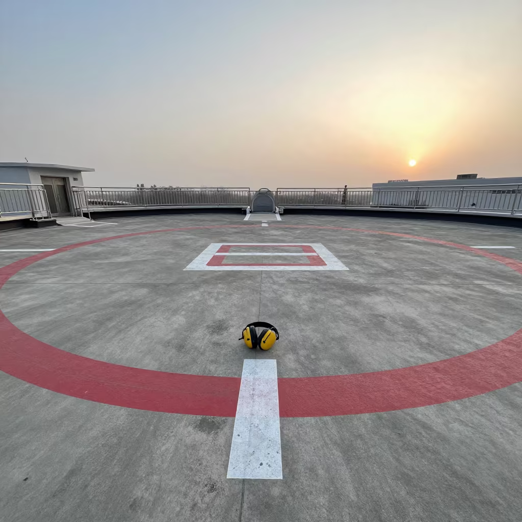 Zhengzhou Hospital Helipad at Dawn with Disinfectant Sheen in on a hospital rooftop helipad in Zhengzhou
