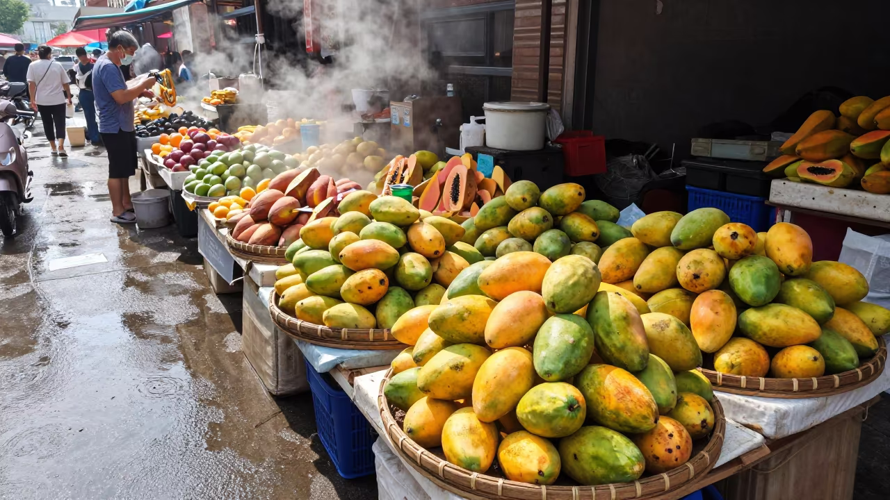 Zhengzhou Midday Mango Papaya Fruit Stall in at a roadside fruit stand in Zhengzhou