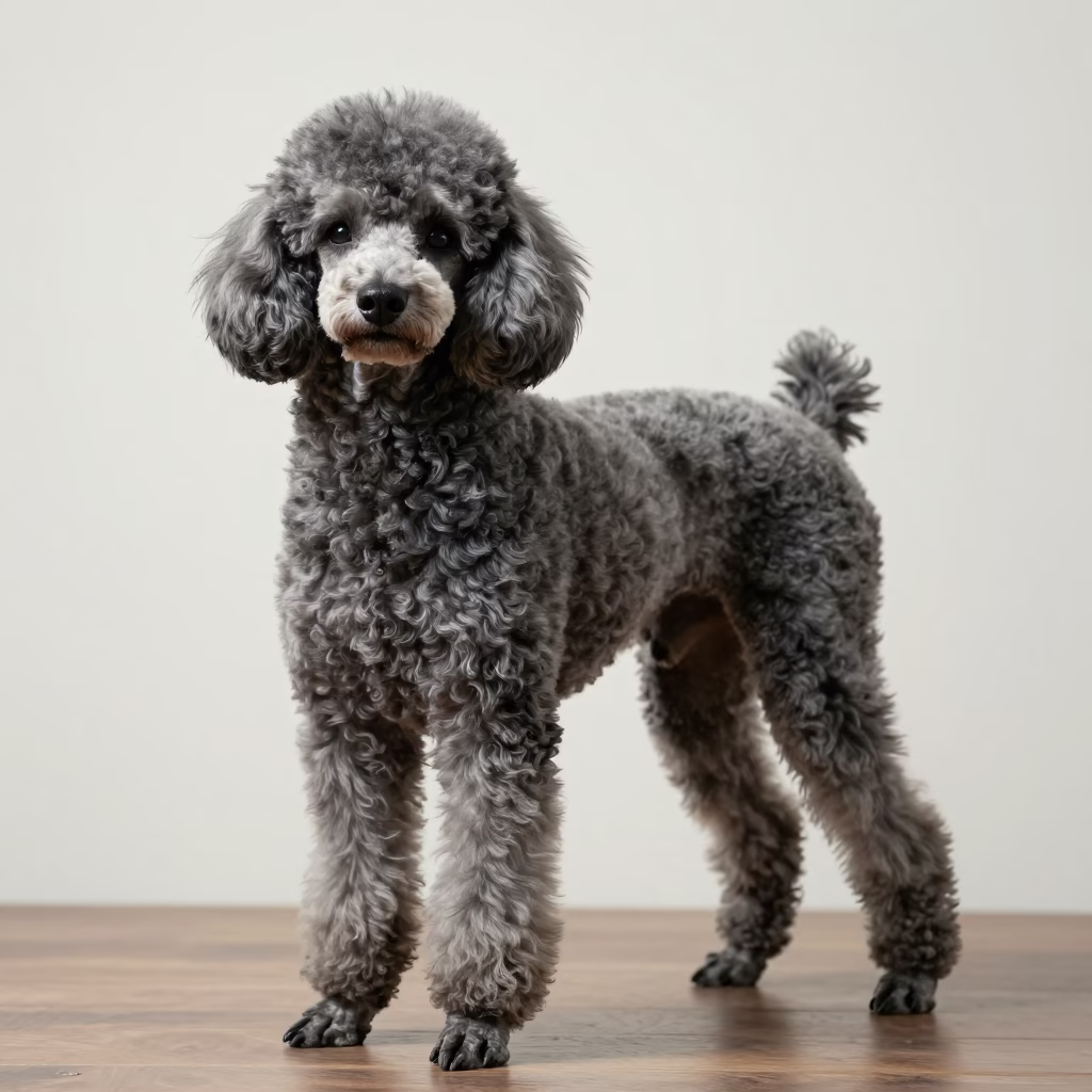 Zhengzhou Poodle Portrait Studio Light in in a quiet portrait studio with a plain backdrop and eye-level framing in Zhengzhou