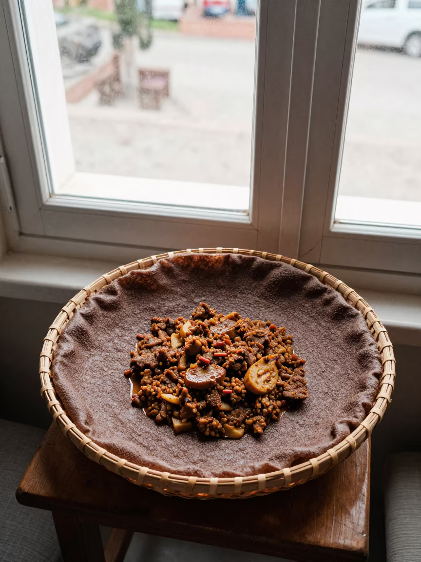 Zigni Stew with Injera on Table in on a small dining table by a window in Bandırma