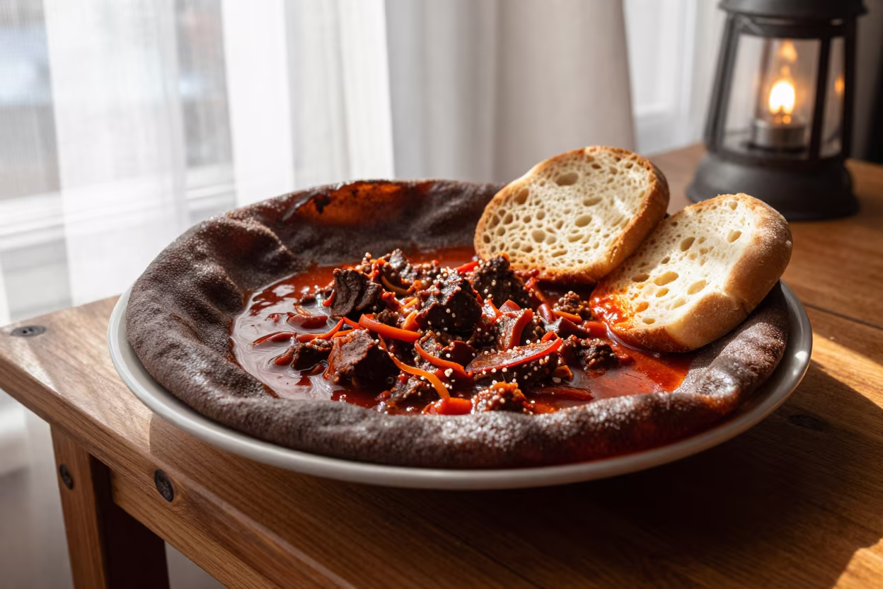 Zigni Stew Served on Injera in Çorlu Morning in on a small dining table by a window in Çorlu