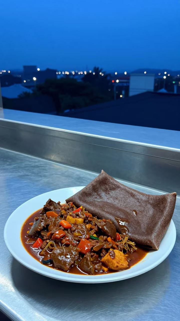 Zigni Stew and Injera at Naypyidaw Noodle Counter in at a noodle counter in Naypyidaw