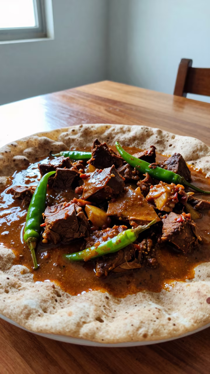 Zigni Stew Served on Injera at Nizamabad Window in on a small dining table by a window in Nizamabad