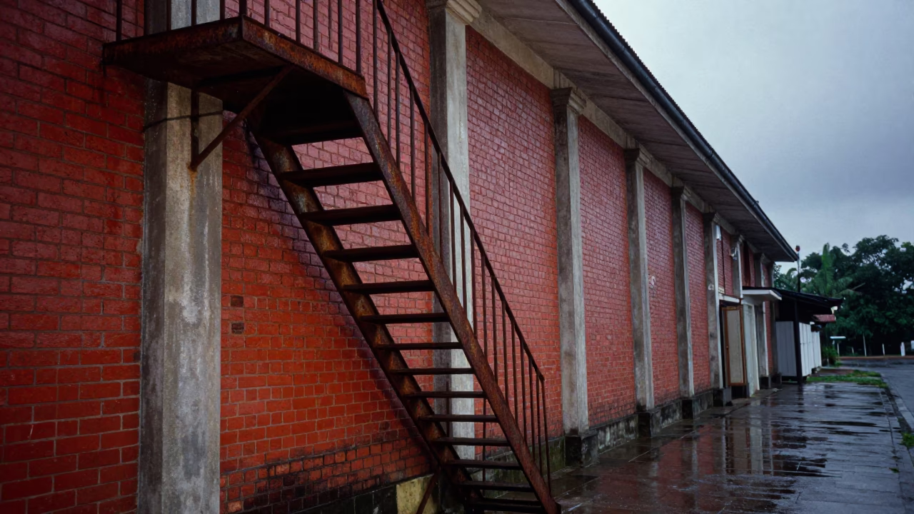 Zigzag Fire Escape on Borneo Brick Wall in along a colonnaded facade in Borneo