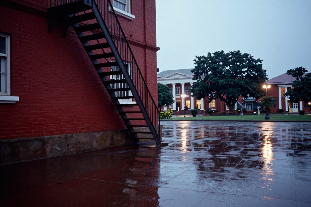 Zigzag Fire Escape Brick Wall Ghana Plaza in across a formal civic plaza in Ghana