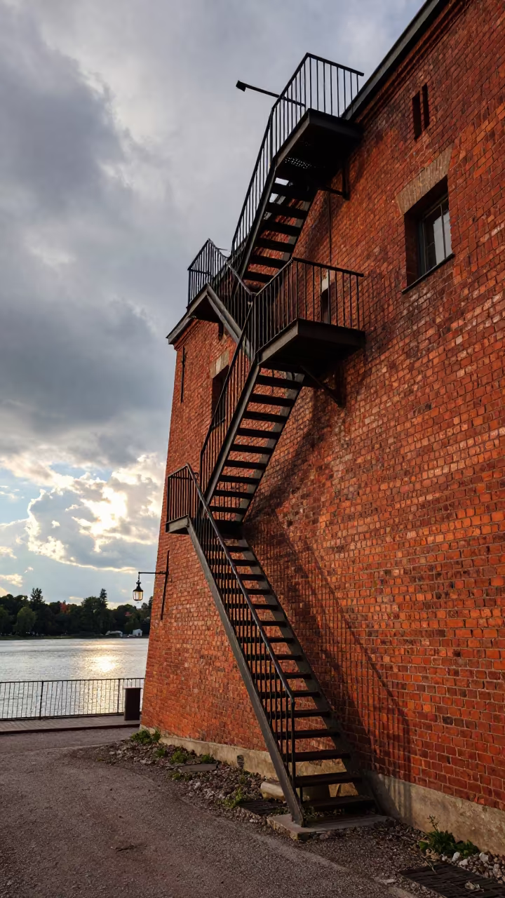 Zigzag Fire Escape on Brick Wall in Stockholm in in a lantern-lined temple precinct in Stockholm