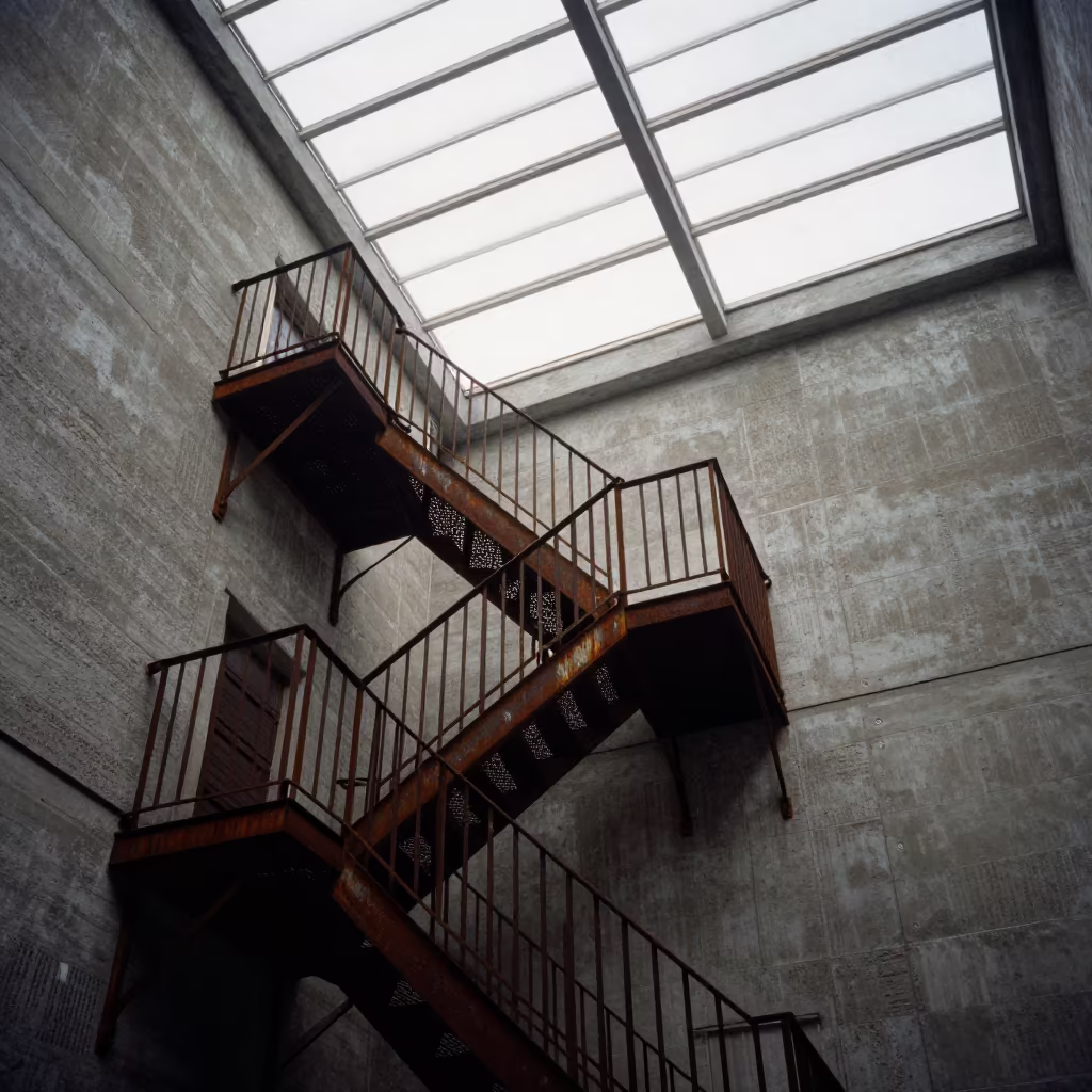 Zigzag Fire Escape in Leipzig Atrium in inside a vaulted atrium near Leipzig