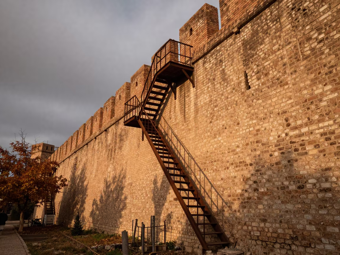 Zigzag Fire Escape on Wind-Scoured Fortress Wall in outside a wind-scoured fortress wall near Daraa