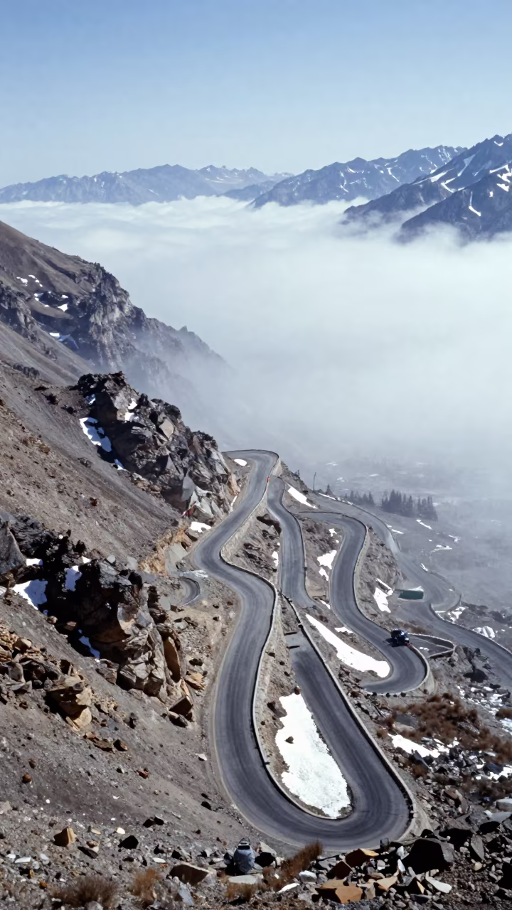Zigzag Road Through Snowy Mountain Pass Near Leh in at a rocky saddle overlooking a mountain valley near Leh