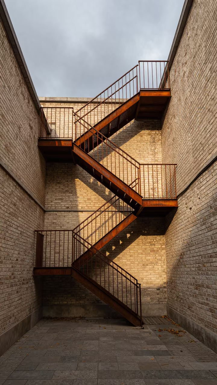 Zigzagging Fire Escape in Skylit Oradea Passage in inside a skylit passageway in Oradea