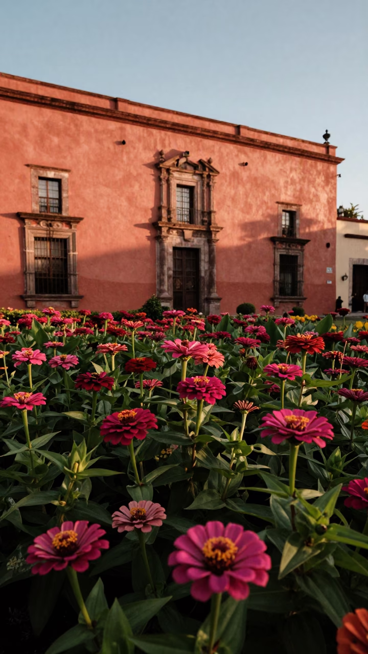 Zinnia Garden in Mexico City at Honeyed Evening Light in in Mexico City, Mexico
