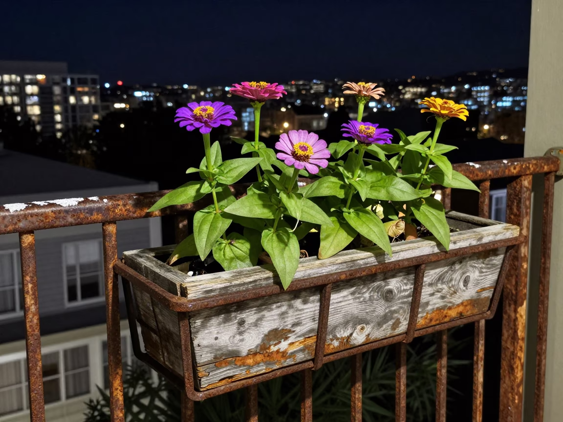Zinnias after dark in Wellington in in Wellington, New Zealand