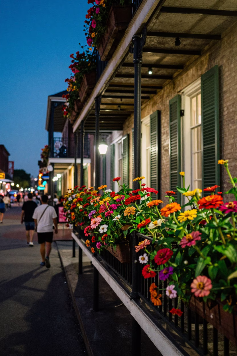 Zinnias in New Orleans at Twilight in in New Orleans, Louisiana, United States
