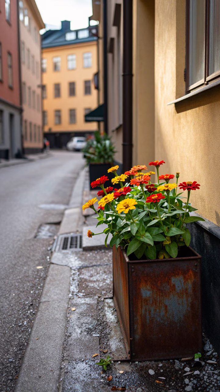Zinnias just after sunrise in Stockholm in in Stockholm, Sweden