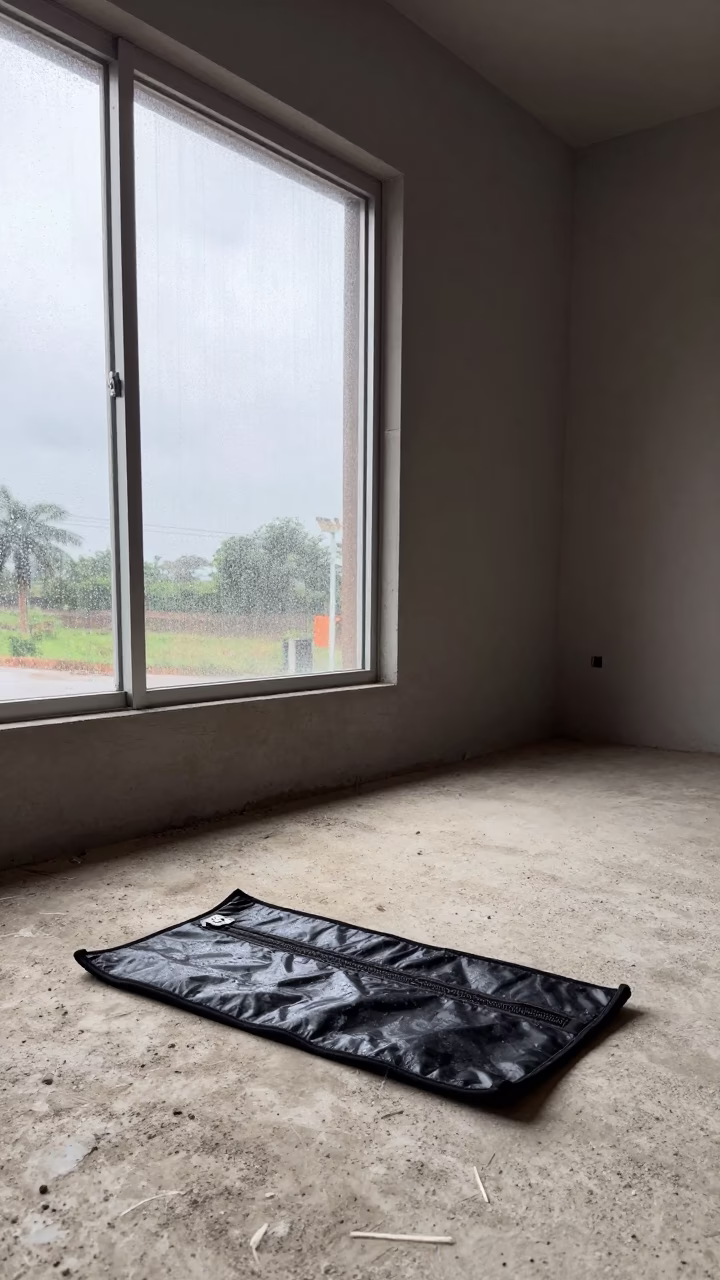 Zipper Patch Kit in Half-Built Lobby in inside a half-built lobby near Duékoué