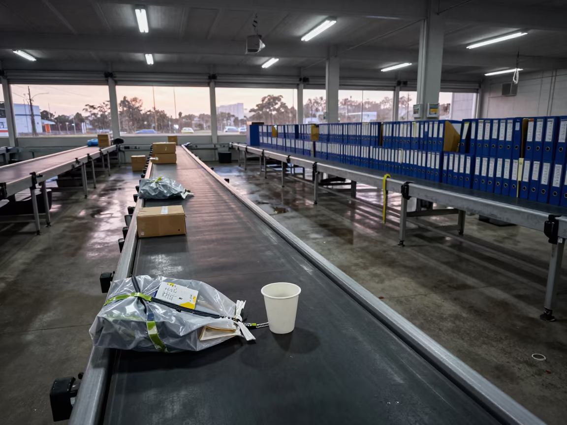 Zipper Repair Cup Dawn Light Barbacena Logistics in at a parcel sorting belt near Barbacena