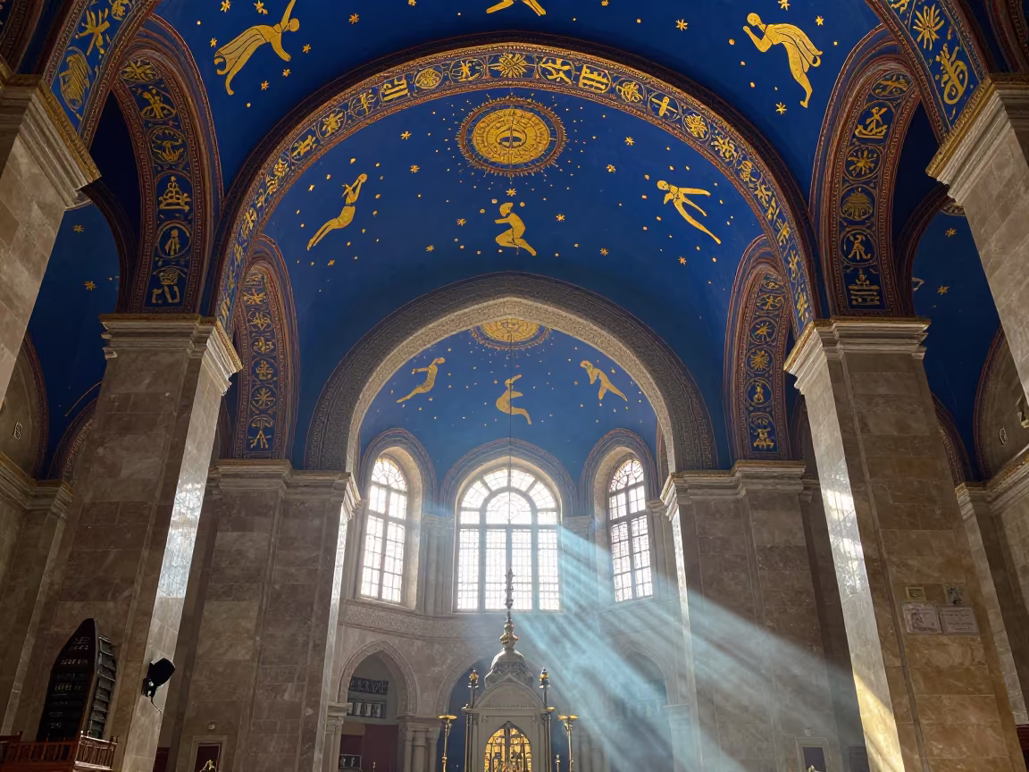 Zodiac Ceiling in Addis Ababa Synagogue Dawn Light in inside a synagogue sanctuary in Addis Ababa