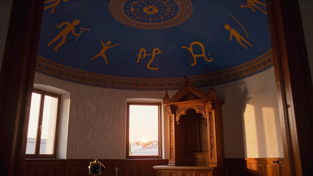 Zodiac Ceiling Gold and Blue in Socopo Synagogue in beside a carved Torah ark in Socopó