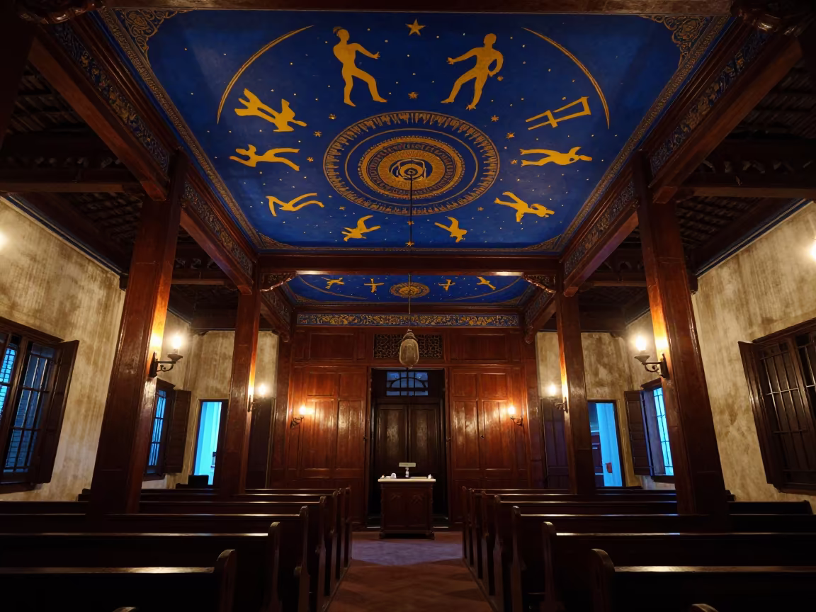 Zodiac Ceiling in Hanoi Synagogue Twilight in inside a timber synagogue hall in Long Bien, Hanoi