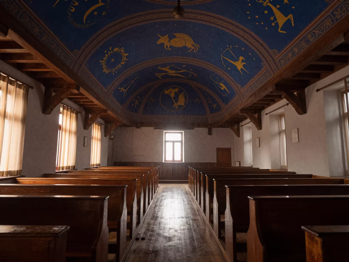 Zodiac Ceiling in Timber Synagogue at Dawn in inside a timber synagogue hall in Aba