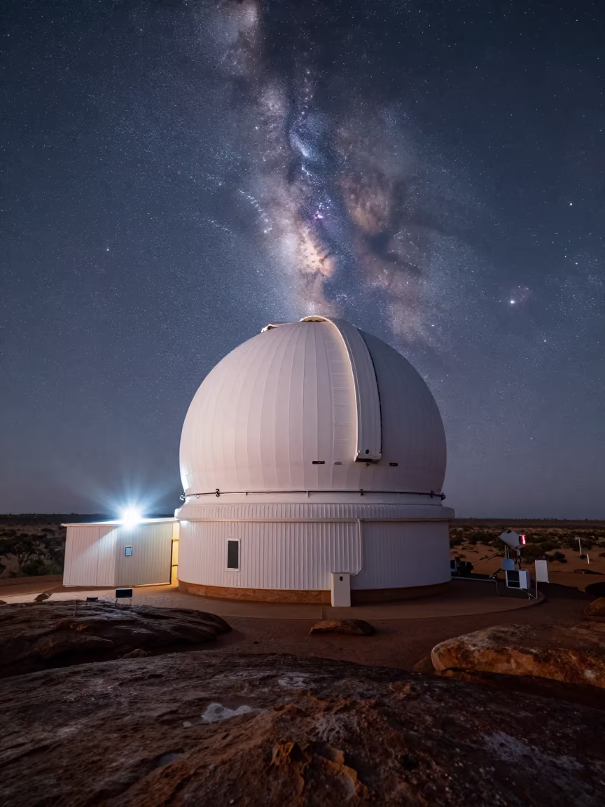 Zodiacal Light Over Desert Observatory Dome in along a rocky geology outcrop in Western Australia