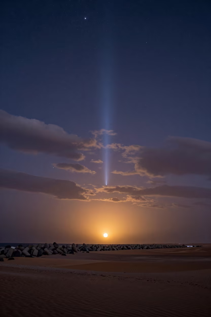 Zodiacal Light Pyramid Over Oman Desert Dawn in from a moonlit breakwater in Oman