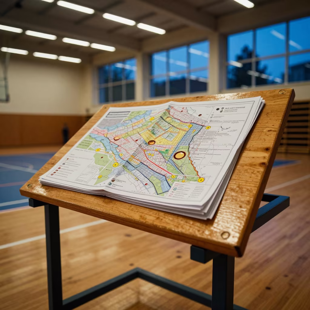 Zoning Maps and Coffee Rings on Civic Table in inside a polling station gymnasium in Olsztyn
