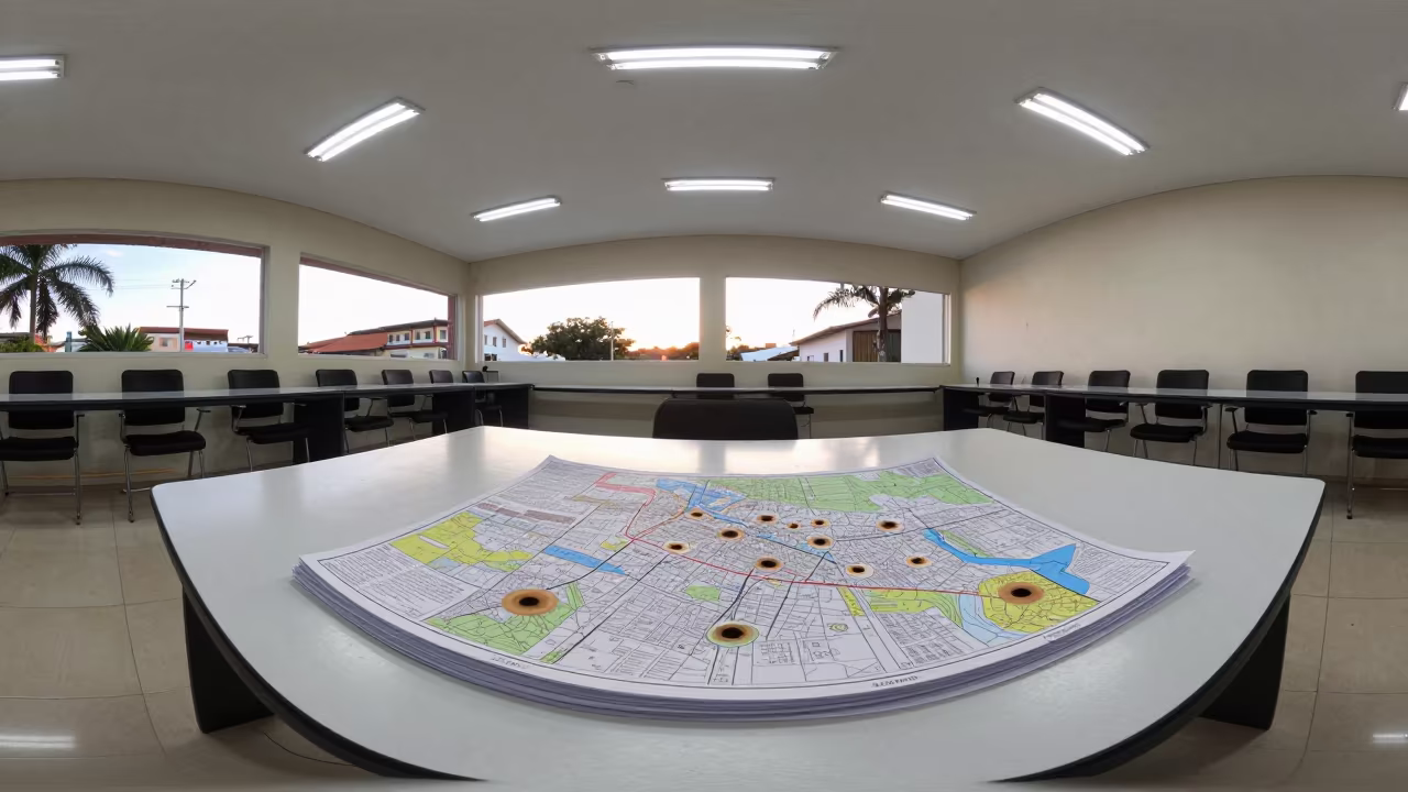 Zoning Maps Stacked on Town Hall Table Near Salvador in in a fluorescent town hall meeting room near Salvador