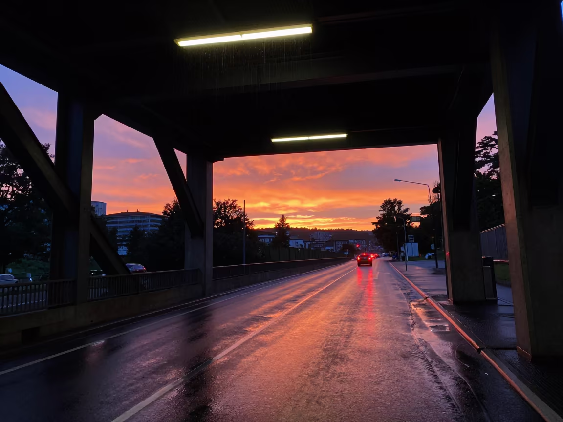 Zurich Overpass Brake Lights on Wet Pavement in beneath a flickering underpass light in Zurich
