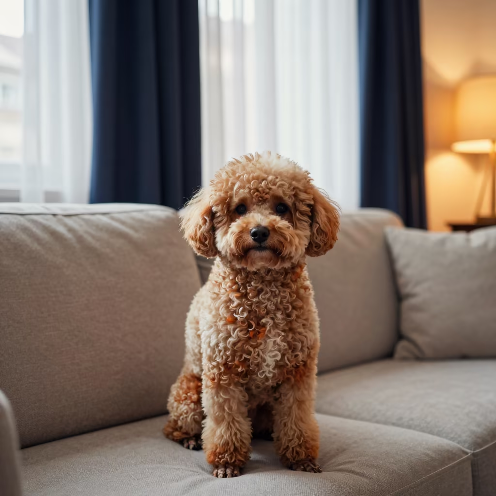 Zurich Teacup Poodle Portrait in Late Afternoon in on a sofa near a curtained window with calm indoor light in Zurich