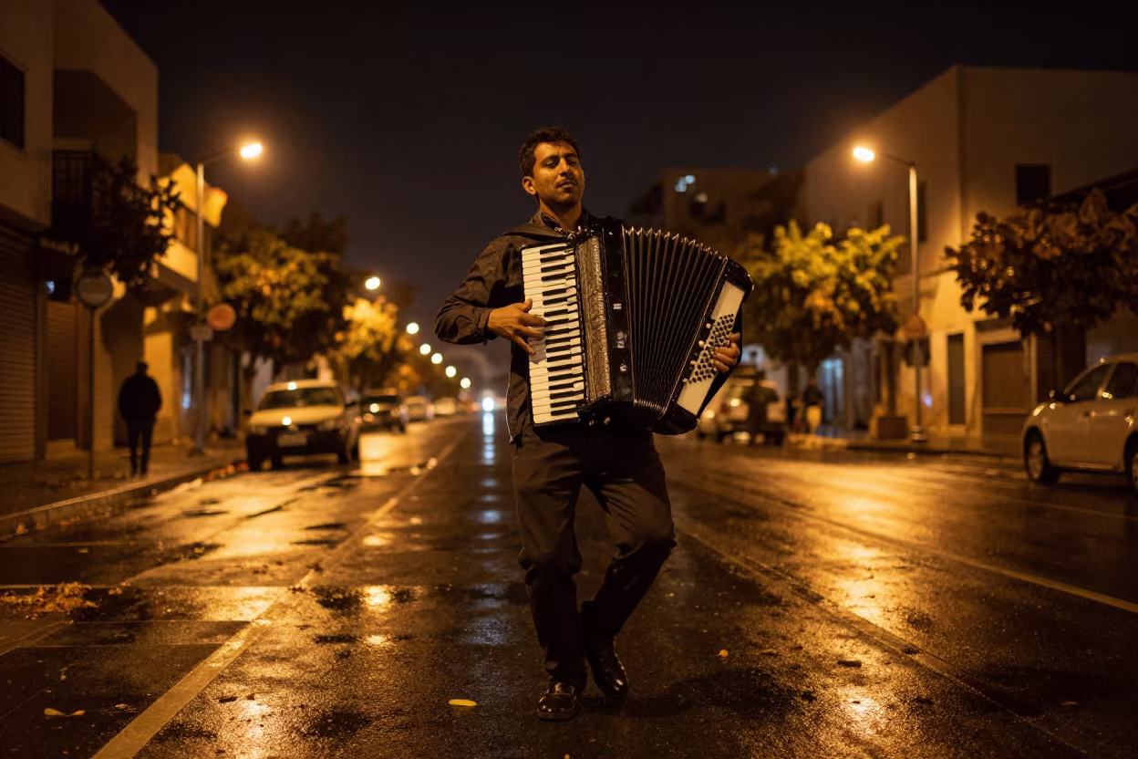 Zydeco Accordion Dance Under Kuwait Streetlights in at a street corner busking spot in Kuwait City