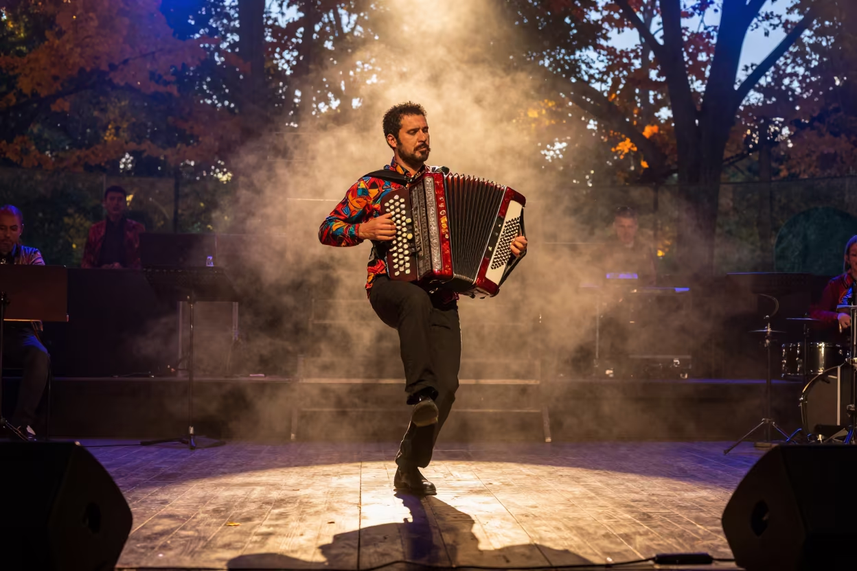 Zydeco Accordion Stomping at Autumn Sunset Concert in in a concert hall in San Antonio